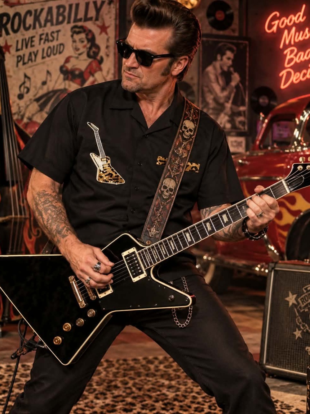 Dragonfly Guitar Embroidered Y2K Rockabilly Shirt  Button Down Short Sleeve